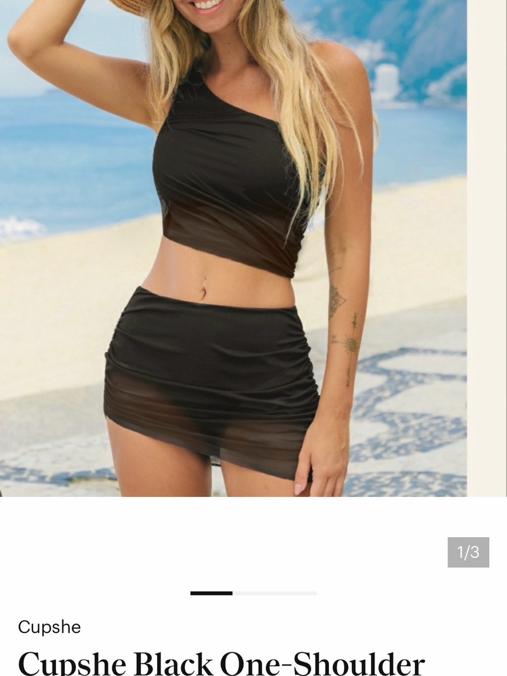 NTW CUPSHE  XS Black One-Shoulder Crop Bikini with Ruched Mini Skirt bottoms